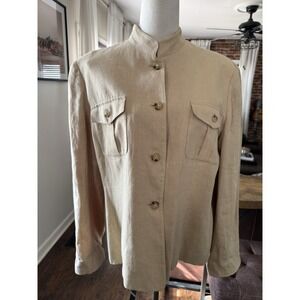 LAUREN RALPH LAUREN 100% LINEN BLAZER Mandarin Collar Tan Beige Lined Women's 14